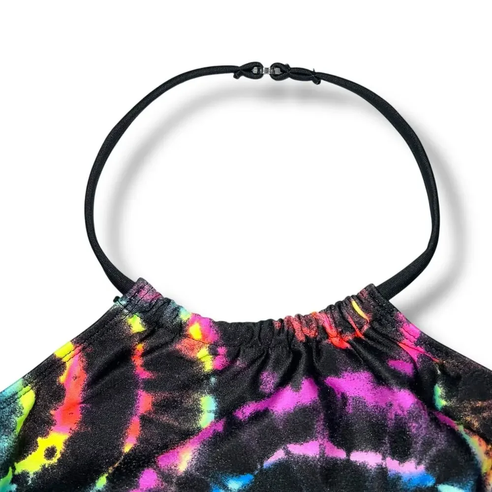 Wonder Nation Girls Tie Dye Tankini Swimsuit Top Ruffled Halter Top Black Large